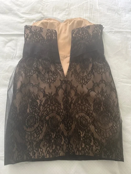 Marchesa Black Lace Strapless Cocktail Dress with Nude Underlay and Beading - Picture 2 of 5